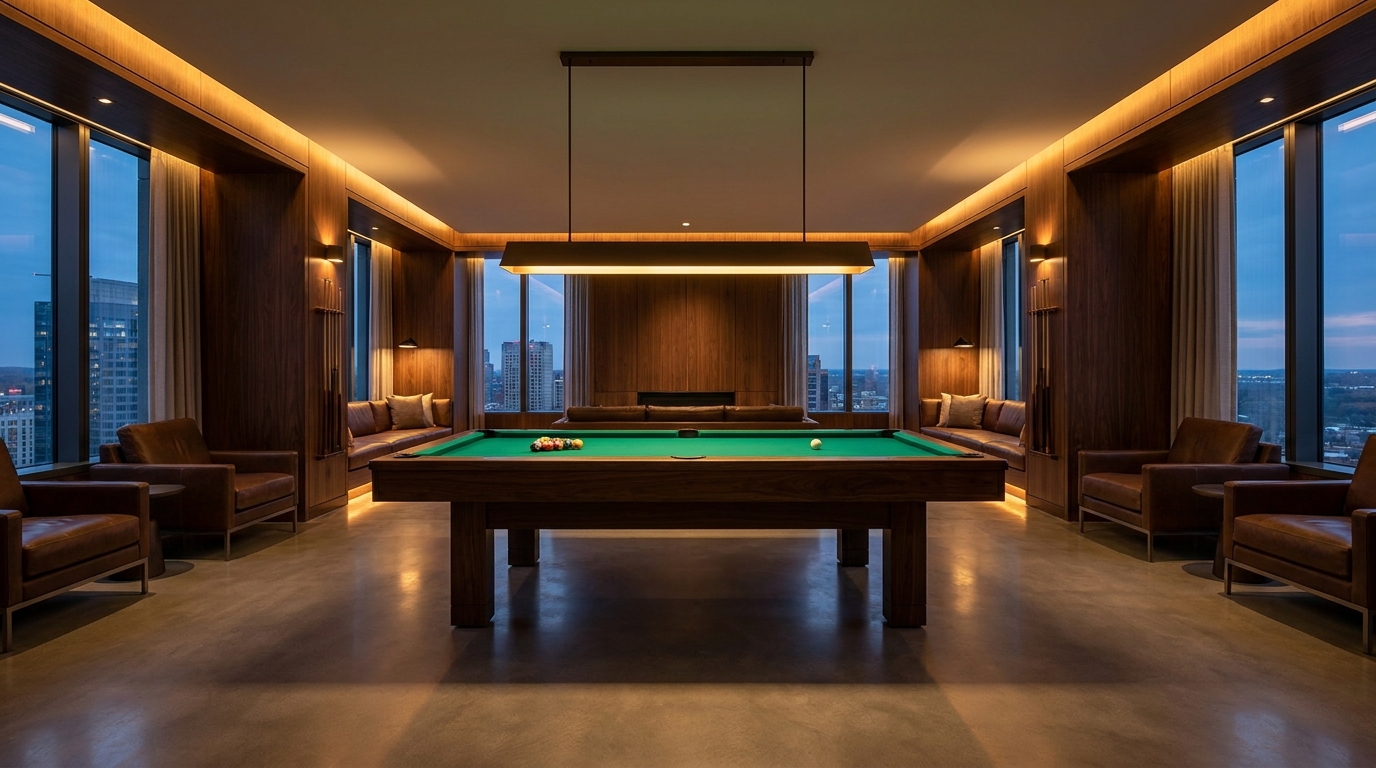 Table de billard américain dans un salon moderne avec éclairage suspendu